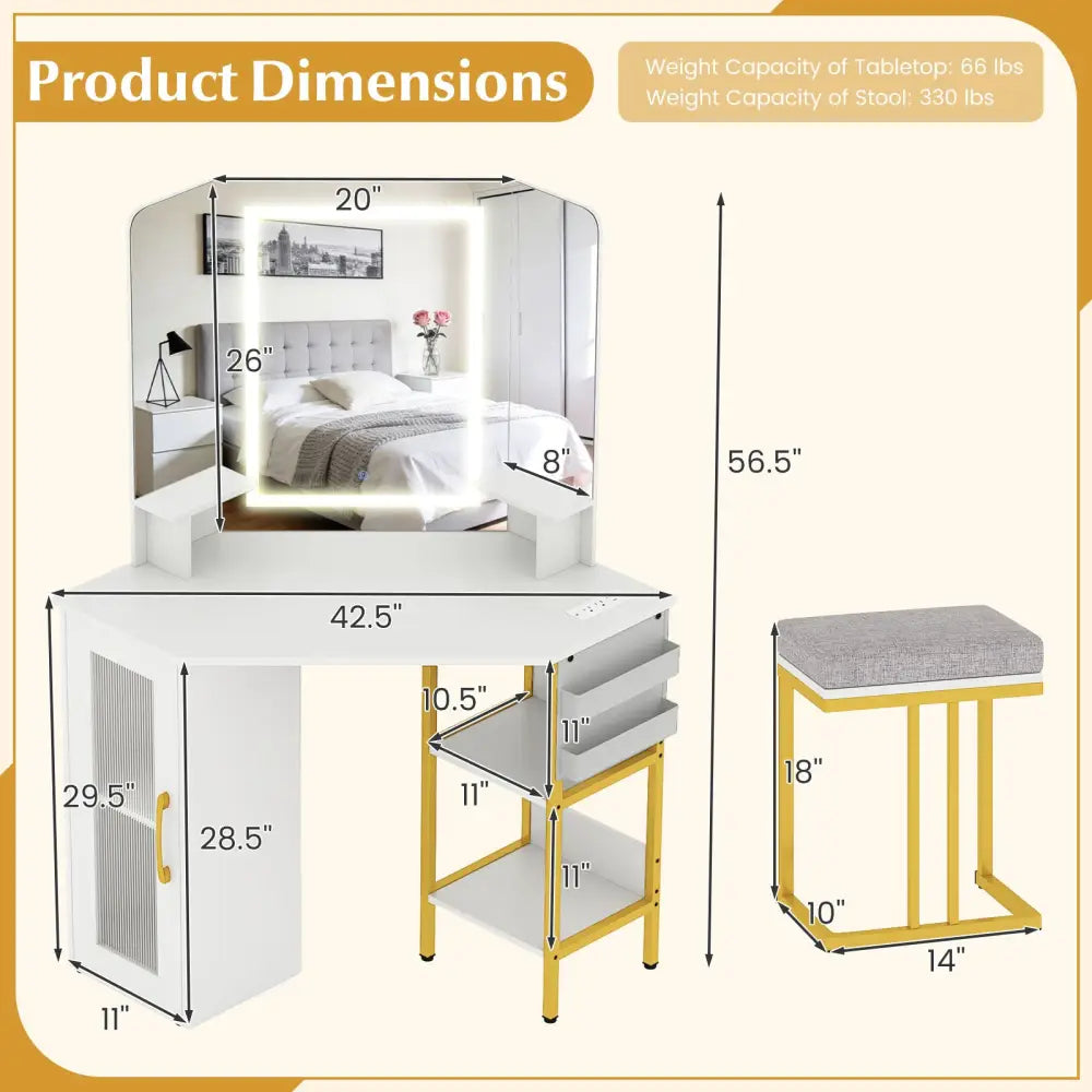 Corner Vanity Desk with Mirror and Lights Makeup Dressing Table with Triple Mirror-White - White - Makeup Vanities