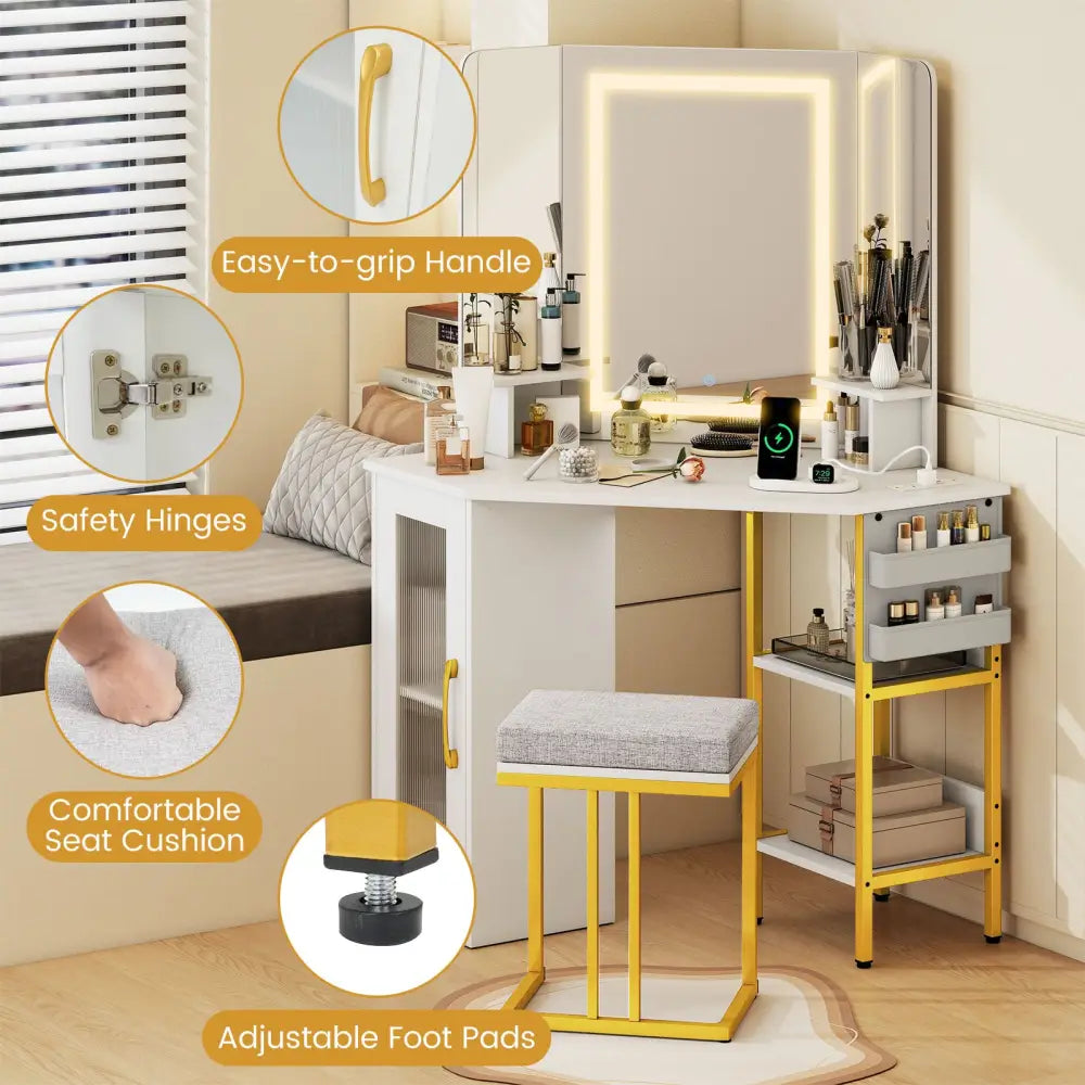 Corner Vanity Desk with Mirror and Lights Makeup Dressing Table with Triple Mirror-White - White - Makeup Vanities