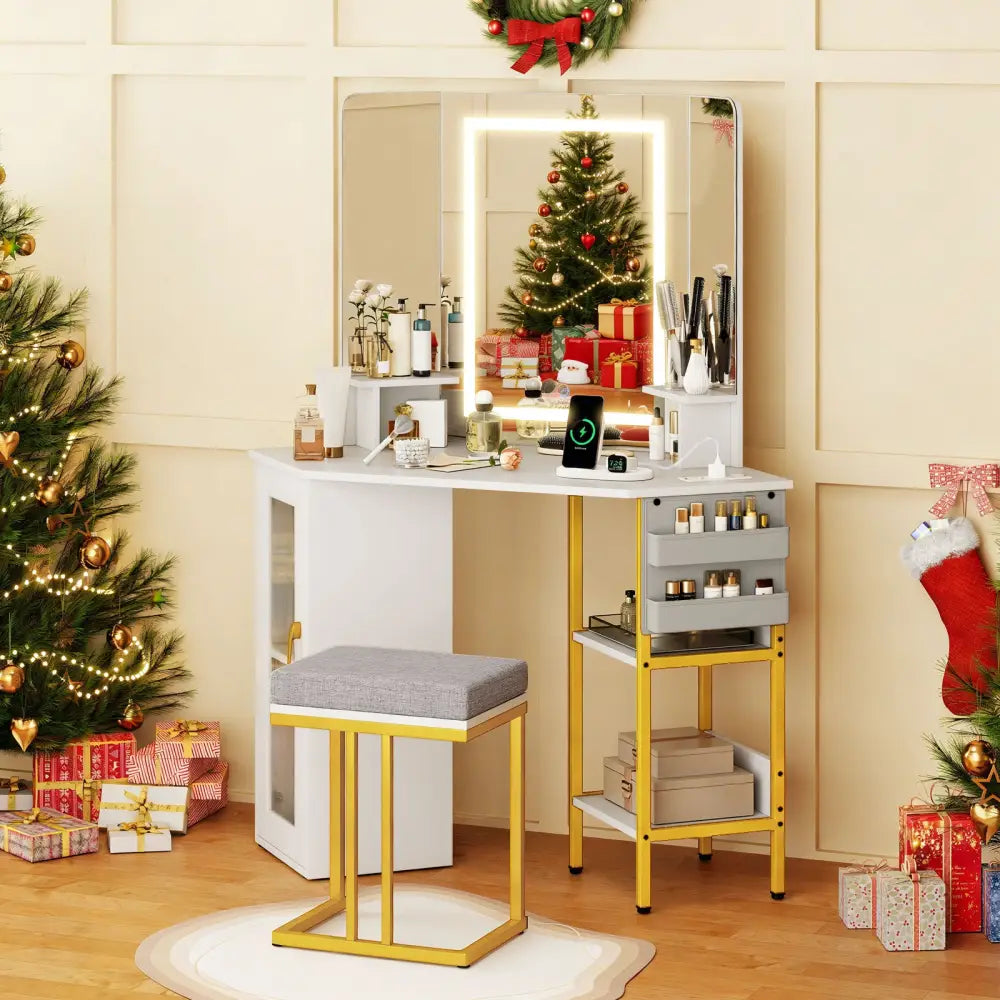 Corner Vanity Desk with Mirror and Lights Makeup Dressing Table with Triple Mirror-White - White - Makeup Vanities