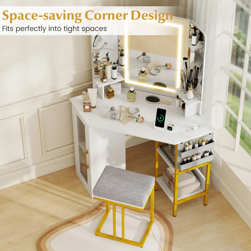 Corner Vanity Desk with Mirror and Lights Makeup Dressing Table with Triple Mirror-White - White - Makeup Vanities
