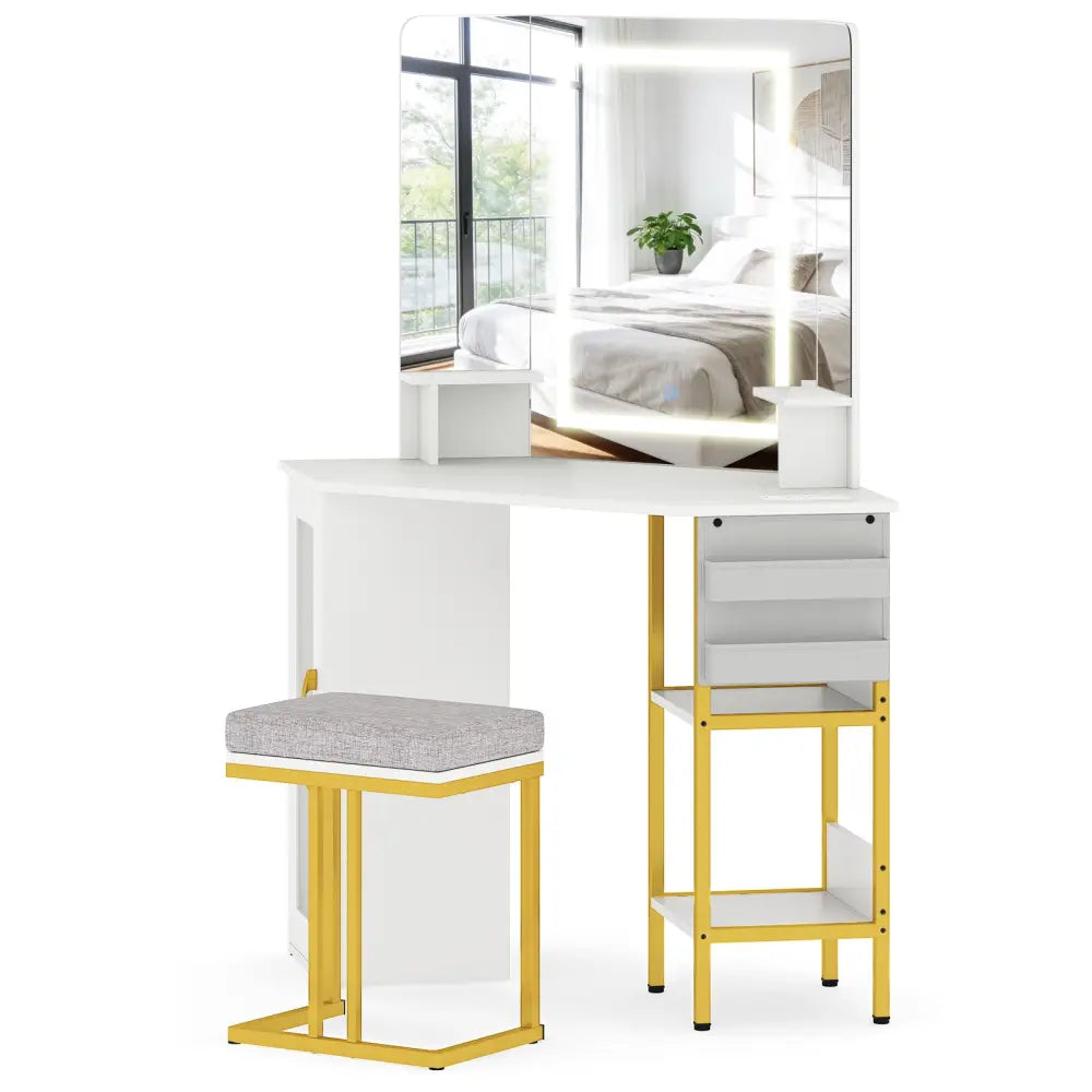 Corner Vanity Desk with Mirror and Lights Makeup Dressing Table with Triple Mirror-White - White - Makeup Vanities