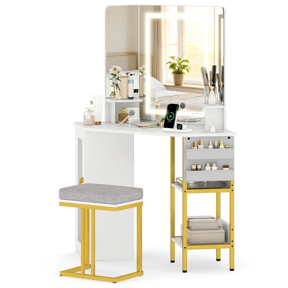 Corner Vanity Desk with Mirror and Lights Makeup Dressing Table with Triple Mirror-White - White - Makeup Vanities