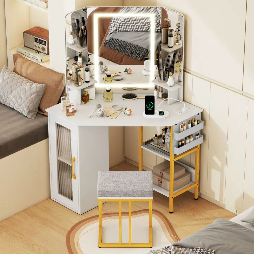 Corner Vanity Desk with Mirror and Lights Makeup Dressing Table with Triple Mirror-White - White - Makeup Vanities