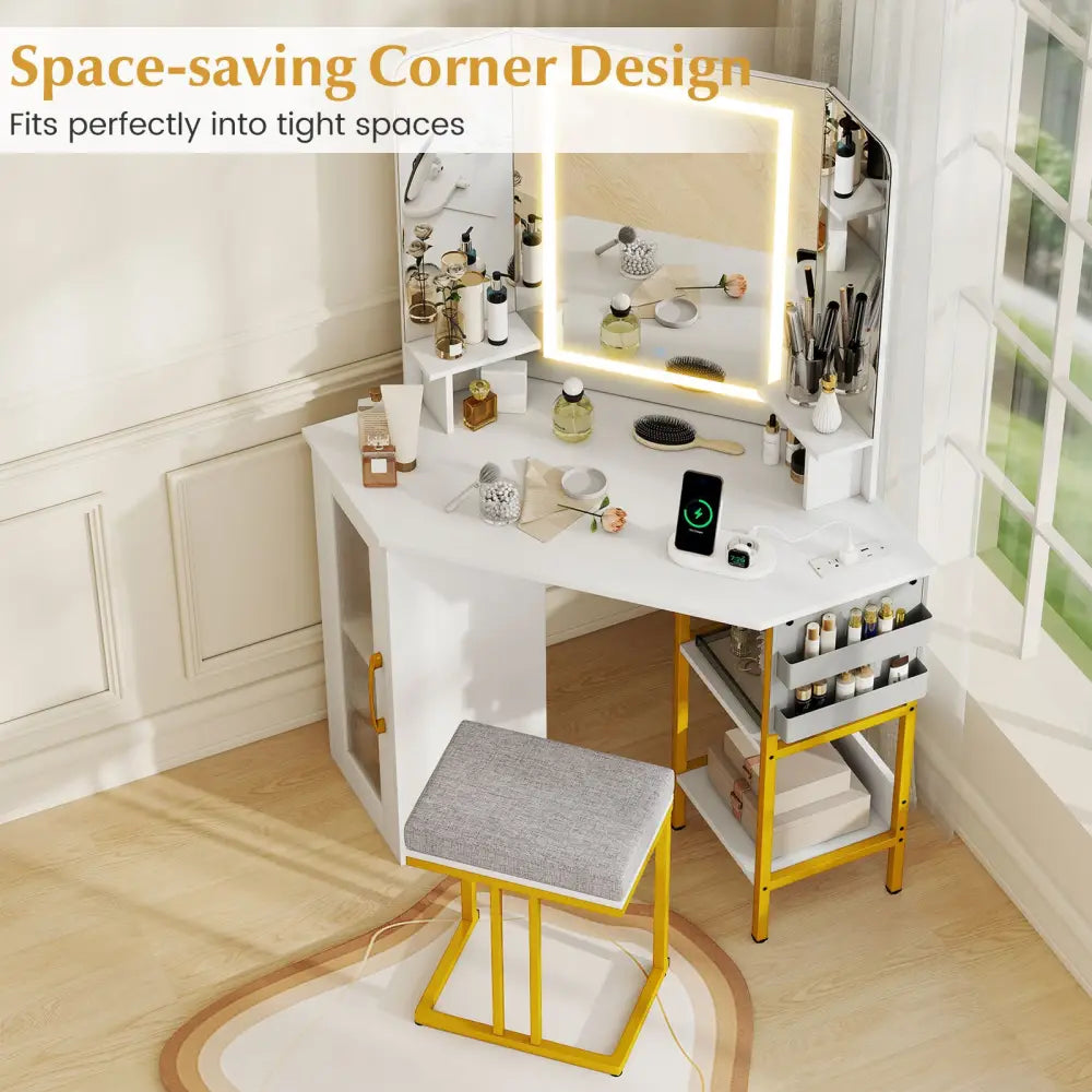Corner Vanity Desk with Mirror and Lights Makeup Dressing Table with Triple Mirror-White - White - Makeup Vanities