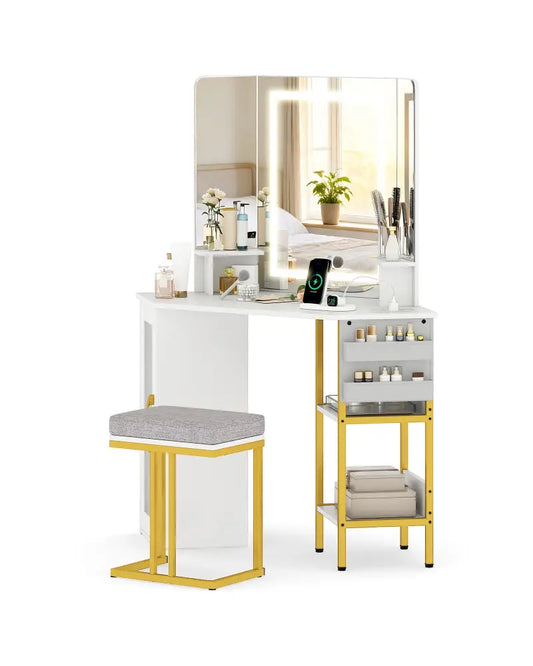 Corner Vanity Desk with Mirror and Lights Makeup Dressing Table with Triple Mirror-White - White - Makeup Vanities
