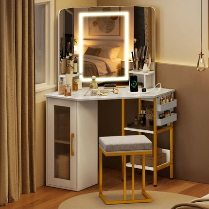 Corner Vanity Desk with Mirror and Lights Makeup Dressing Table with Triple Mirror-White - White - Makeup Vanities