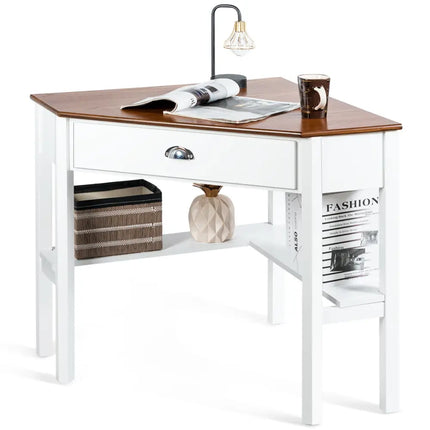 Corner Wooden Piece Laptop Computer Desk-Natural - Natural - Corner Desks