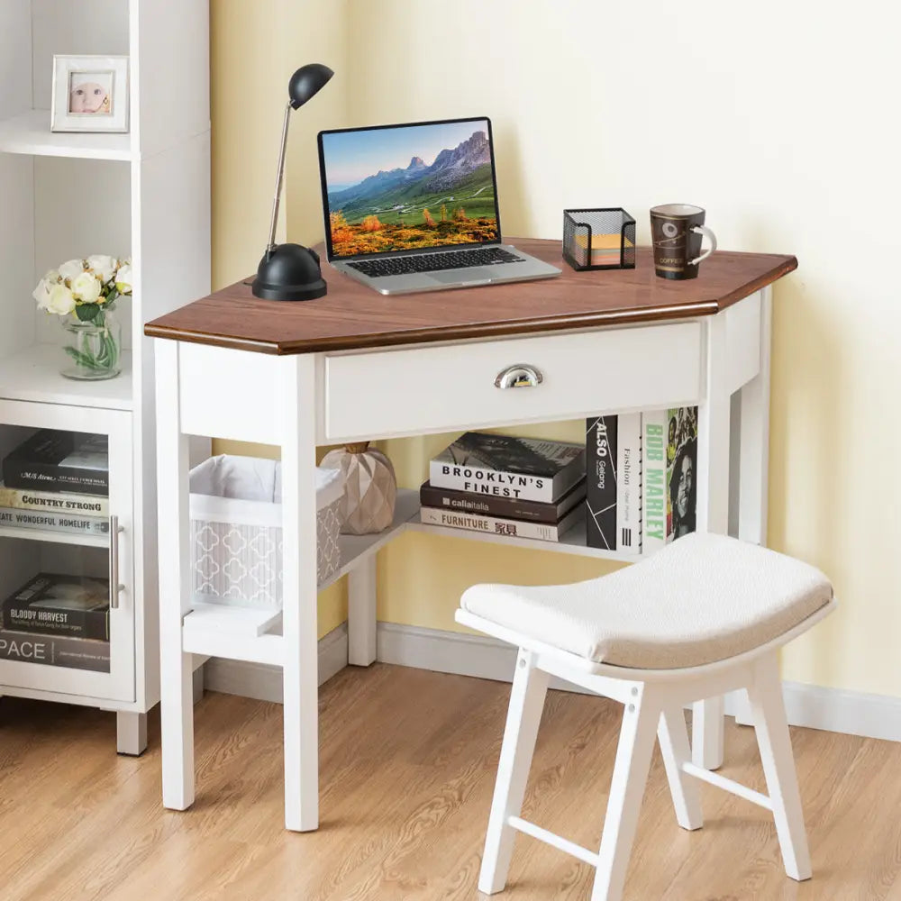 Corner Wooden Piece Laptop Computer Desk-Natural - Natural - Corner Desks