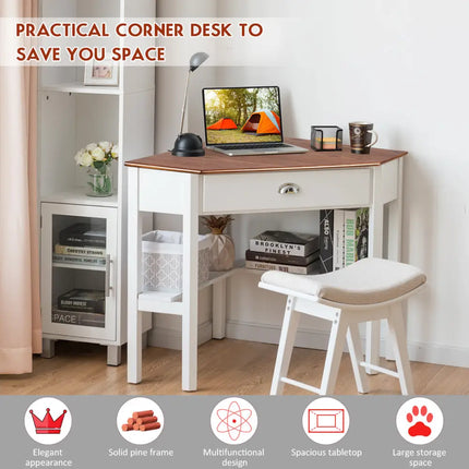 Corner Wooden Piece Laptop Computer Desk-Natural - Natural - Corner Desks