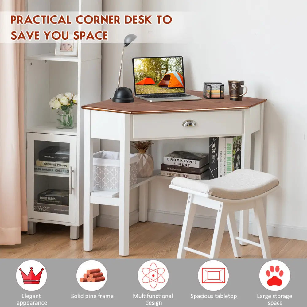 Corner Wooden Piece Laptop Computer Desk-Natural - Natural - Corner Desks