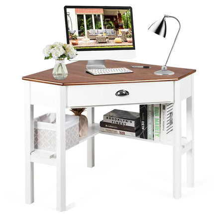 Corner Wooden Piece Laptop Computer Desk-Natural - Natural - Corner Desks
