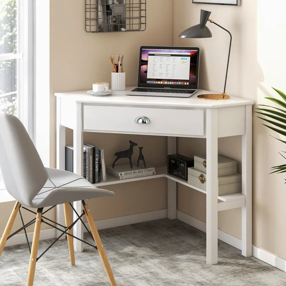 Corner Wooden Piece Laptop Computer Desk-White - White - Corner Desks