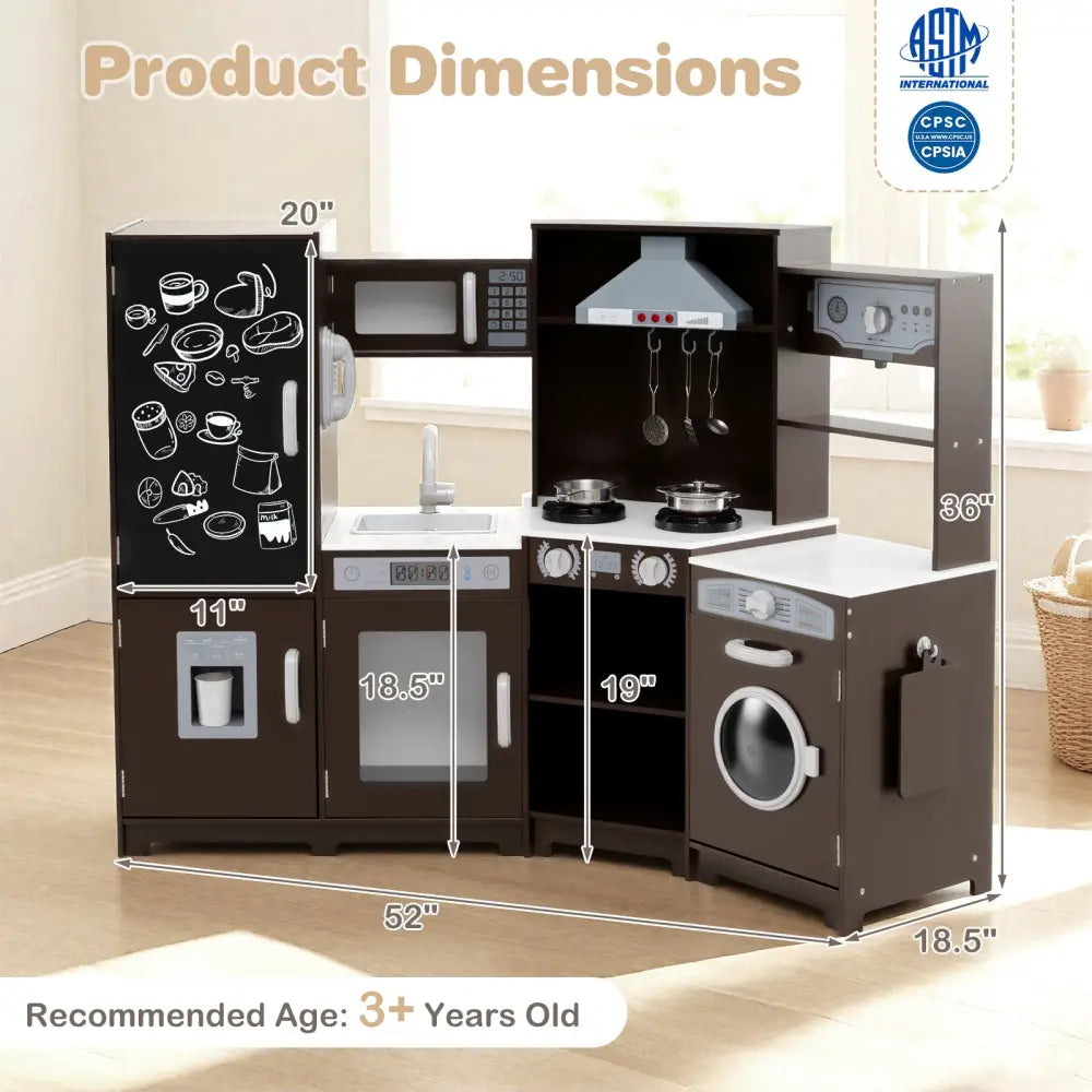 Corner Wooden Play Kitchen with Lights and Sounds Large Pretend Play Kitchen Set-Espresso - Espresso - Play Kitchen Sets