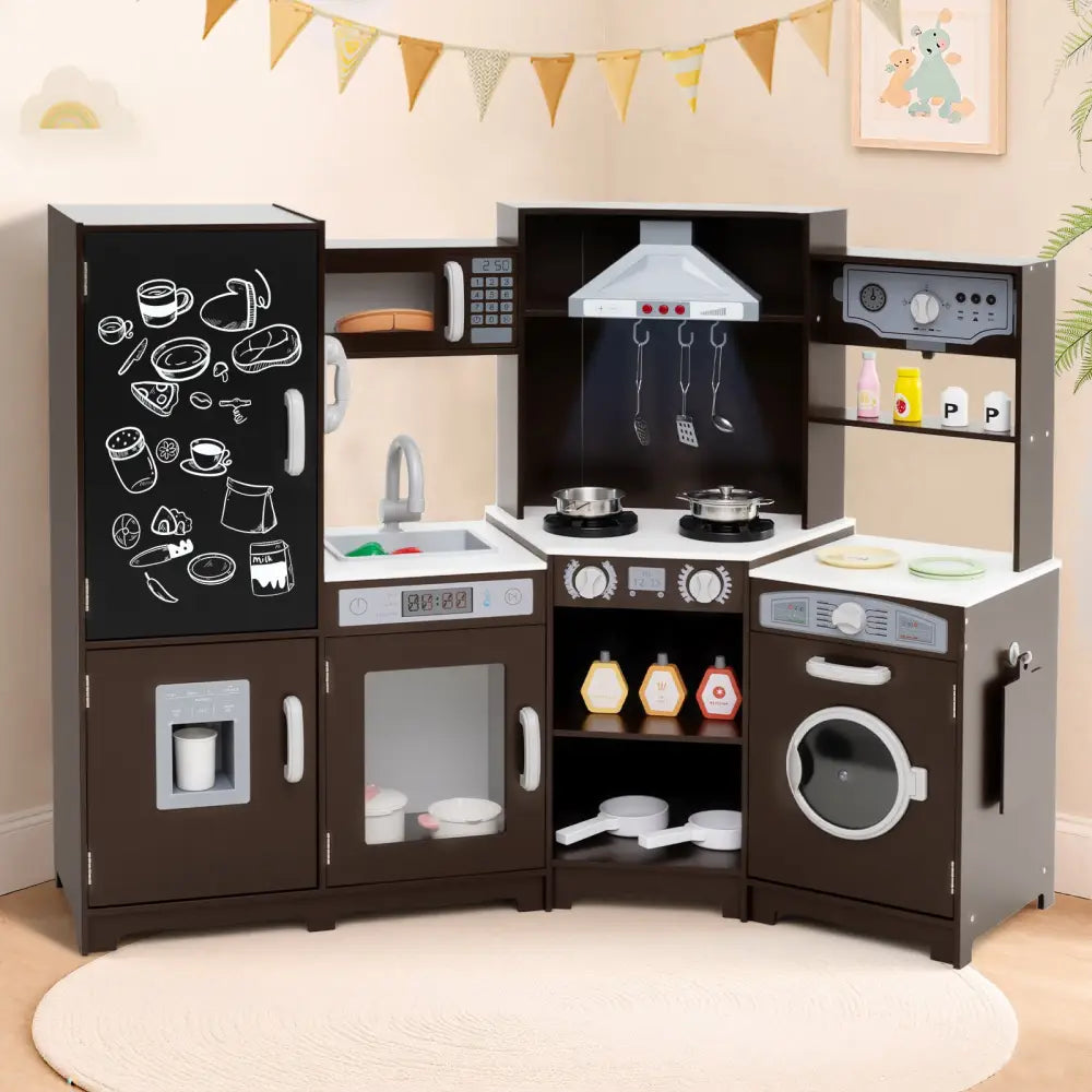 Corner Wooden Play Kitchen with Lights and Sounds Large Pretend Play Kitchen Set-Espresso - Espresso - Play Kitchen Sets