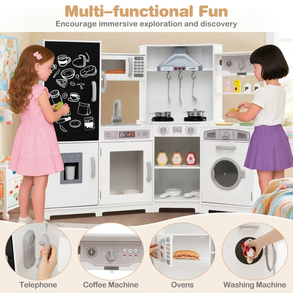 Corner Wooden Play Kitchen with Lights and Sounds Large Pretend Play Kitchen Set-White - White - Play Kitchen Sets