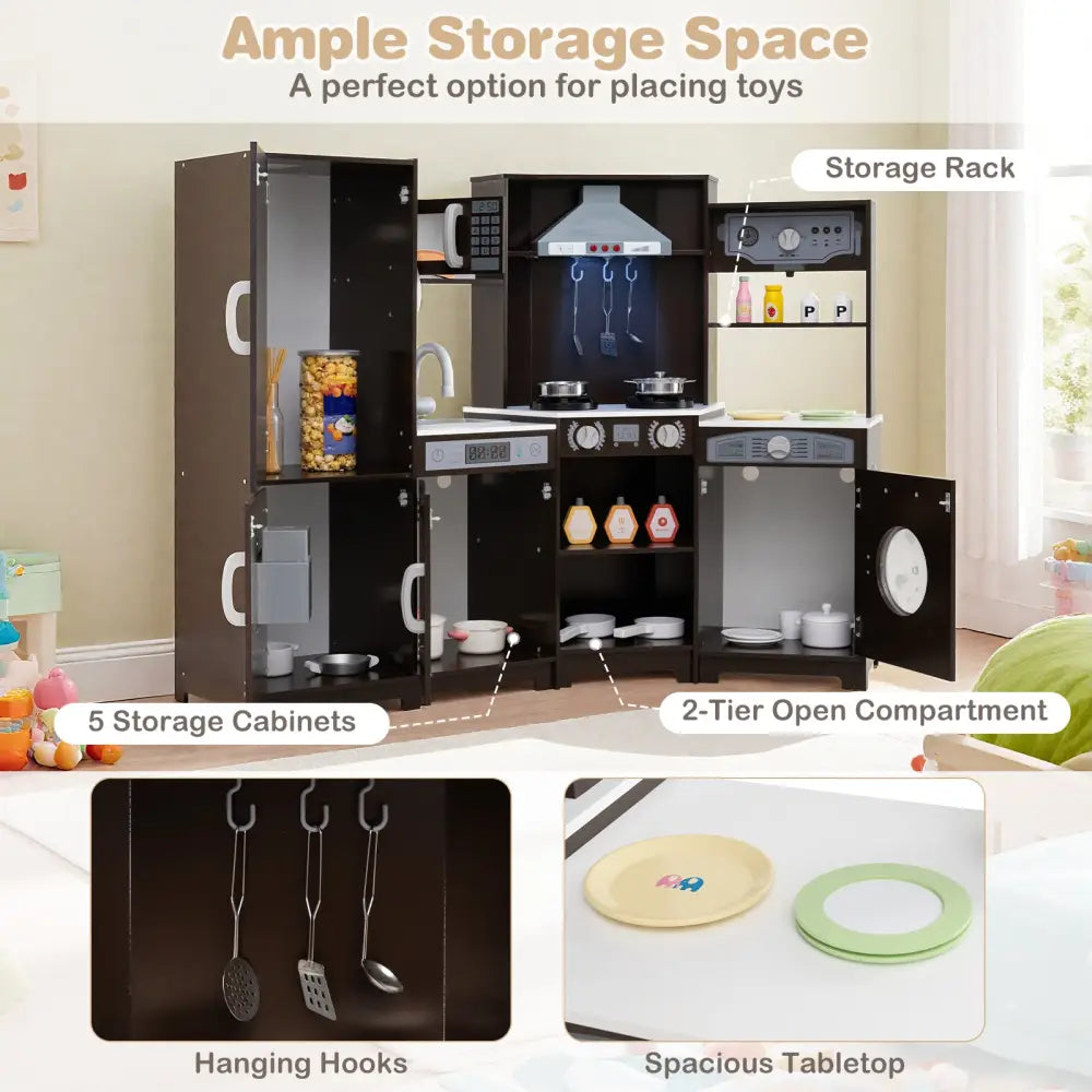 Corner Wooden Play Kitchen with Lights and Sounds Large Pretend Play Kitchen Set-Espresso - Espresso - Play Kitchen Sets