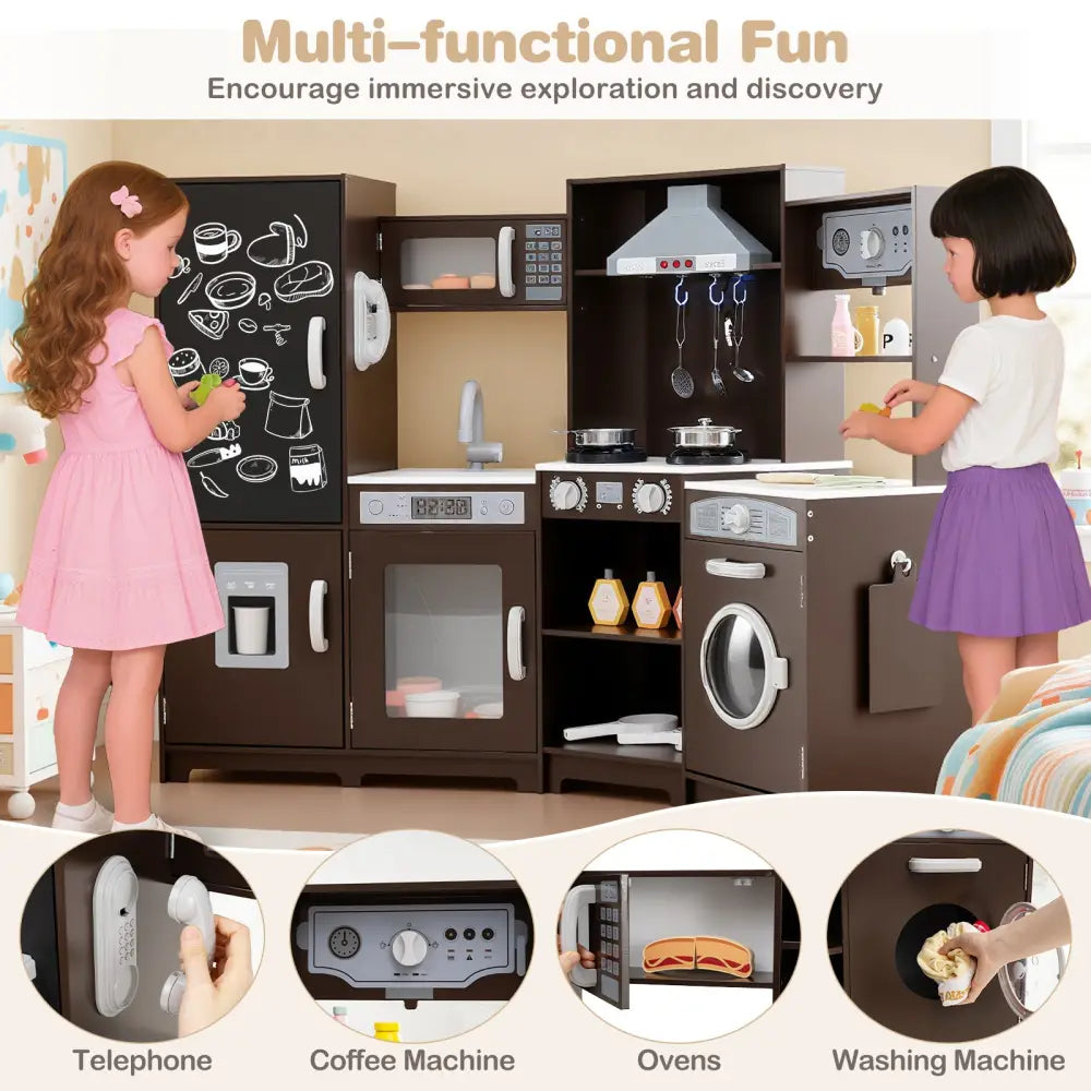 Corner Wooden Play Kitchen with Lights and Sounds Large Pretend Play Kitchen Set-Espresso - Espresso - Play Kitchen Sets