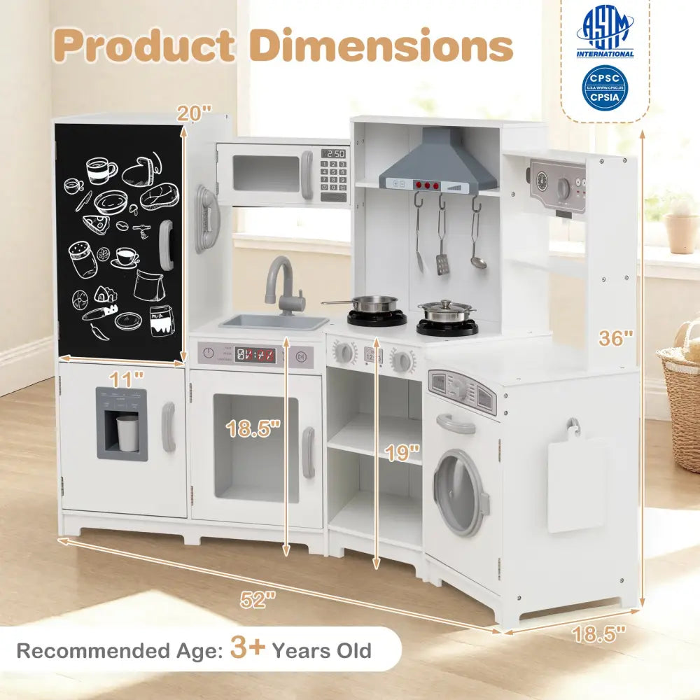Corner Wooden Play Kitchen with Lights and Sounds Large Pretend Play Kitchen Set-White - White - Play Kitchen Sets