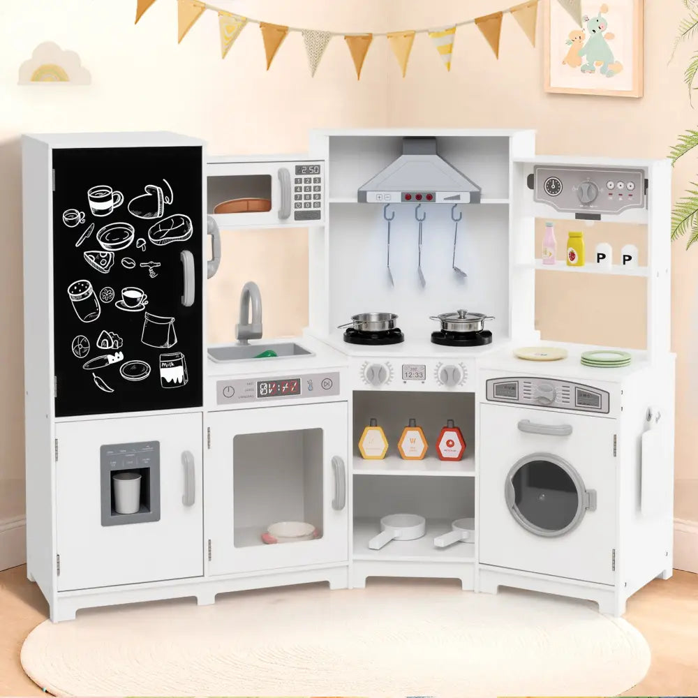 Corner Wooden Play Kitchen with Lights and Sounds Large Pretend Play Kitchen Set-White - White - Play Kitchen Sets