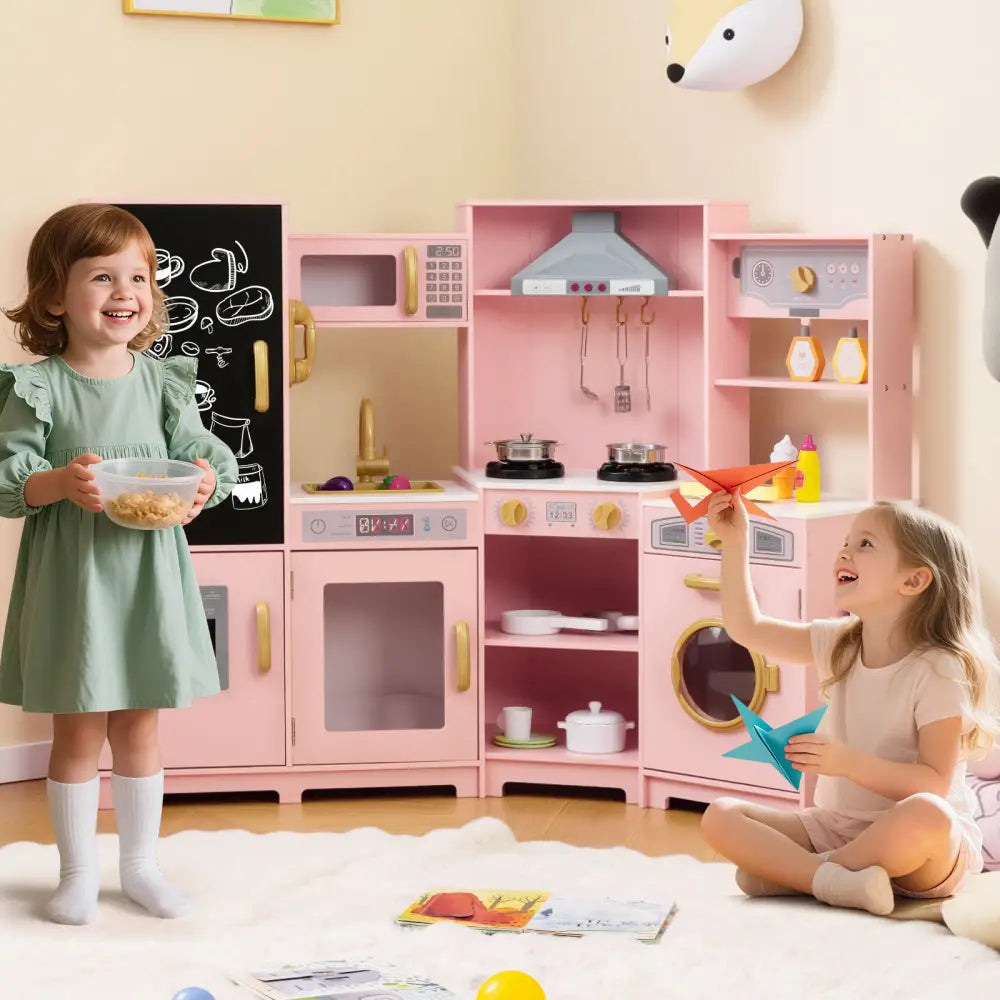 Corner Wooden Play Kitchen with Lights and Sounds Large Pretend Play Kitchen Set-Pink - Pink - Play Kitchen Sets