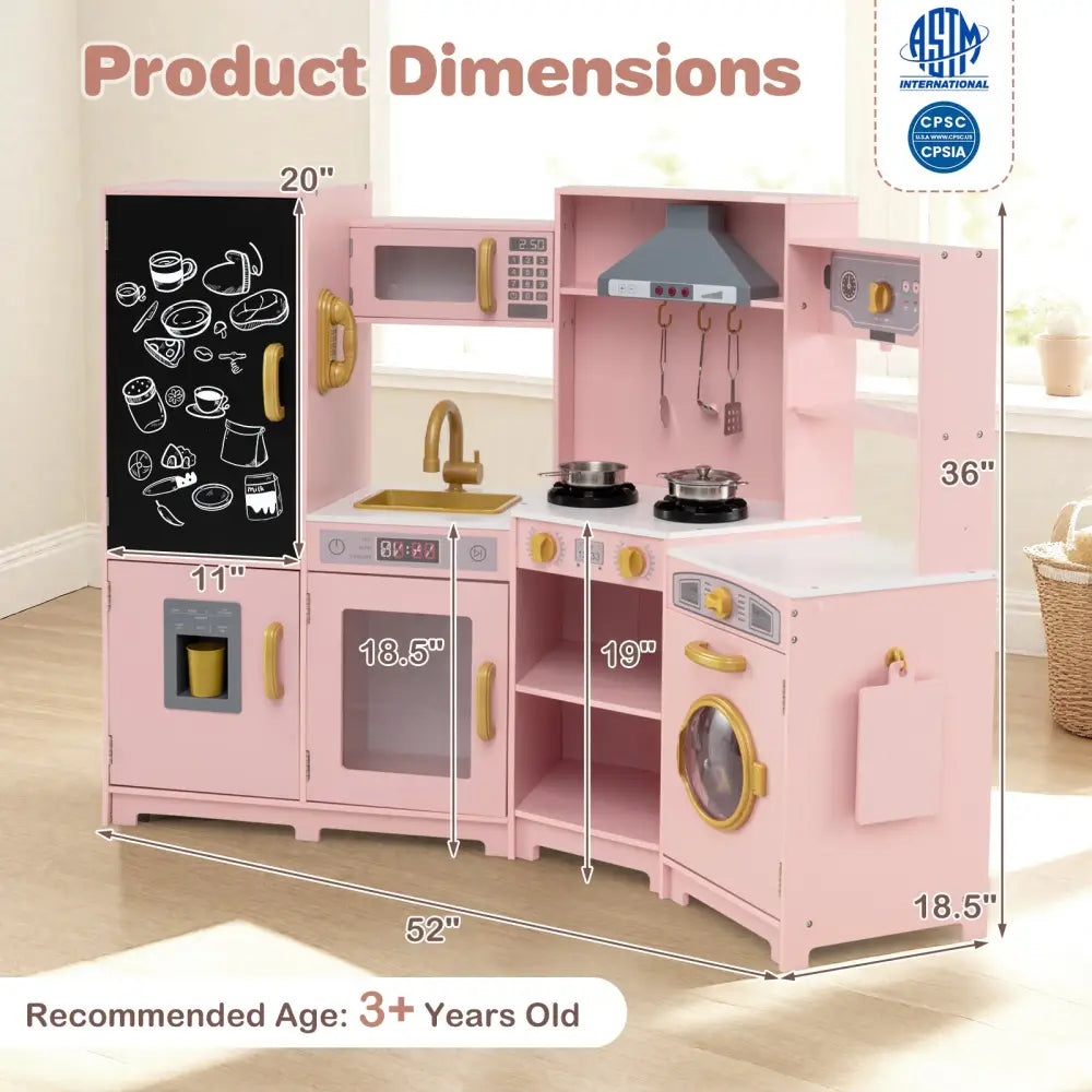 Corner Wooden Play Kitchen with Lights and Sounds Large Pretend Play Kitchen Set-Pink - Pink - Play Kitchen Sets
