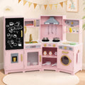 Corner Wooden Play Kitchen with Lights and Sounds Large Pretend Play Kitchen Set-Pink - Pink - Play Kitchen Sets