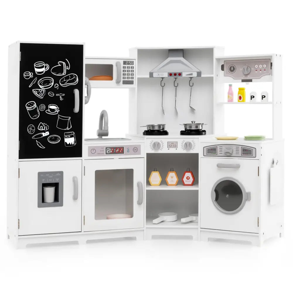 Corner Wooden Play Kitchen with Lights and Sounds Large Pretend Play Kitchen Set-White - White - Play Kitchen Sets