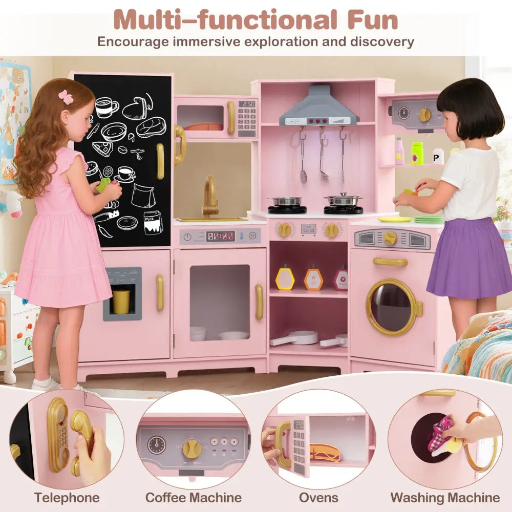 Corner Wooden Play Kitchen with Lights and Sounds Large Pretend Play Kitchen Set-Pink - Pink - Play Kitchen Sets