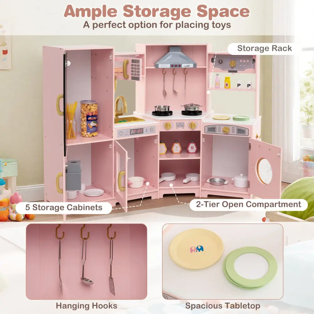Corner Wooden Play Kitchen with Lights and Sounds Large Pretend Play Kitchen Set-Pink - Pink - Play Kitchen Sets