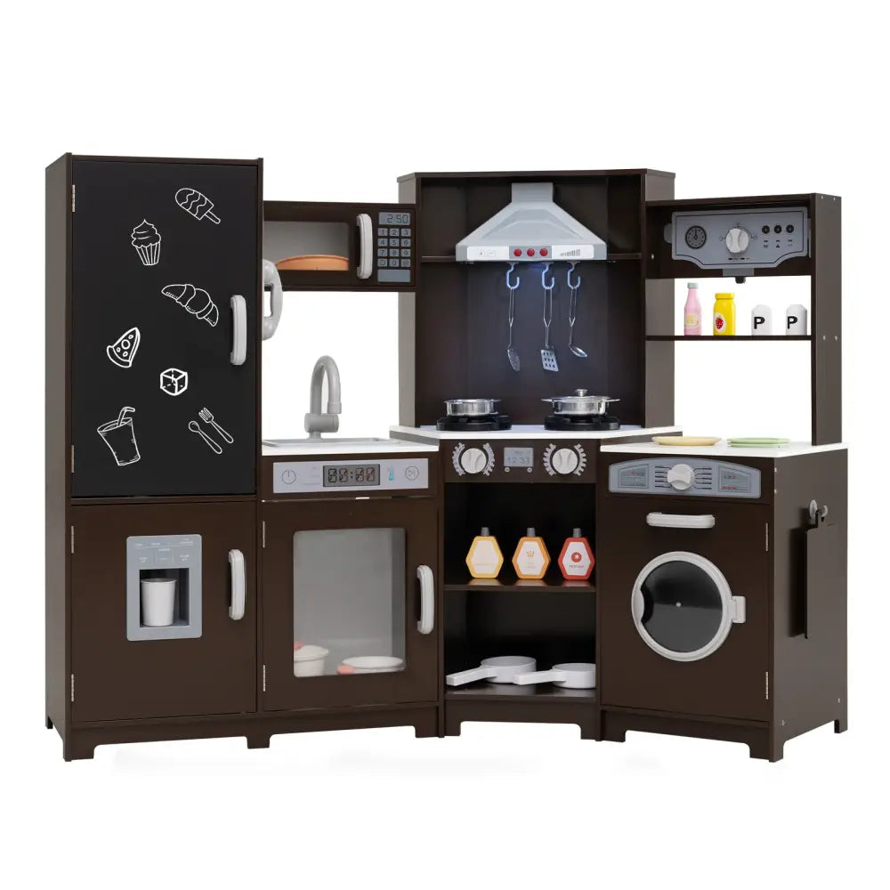 Corner Wooden Play Kitchen with Lights and Sounds Large Pretend Play Kitchen Set-Espresso - Espresso - Play Kitchen Sets