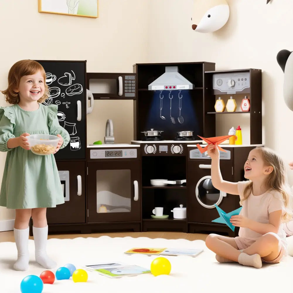Corner Wooden Play Kitchen with Lights and Sounds Large Pretend Play Kitchen Set-Espresso - Espresso - Play Kitchen Sets