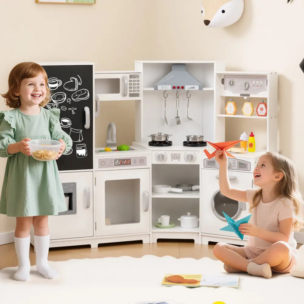 Corner Wooden Play Kitchen with Lights and Sounds Large Pretend Play Kitchen Set-White - White - Play Kitchen Sets