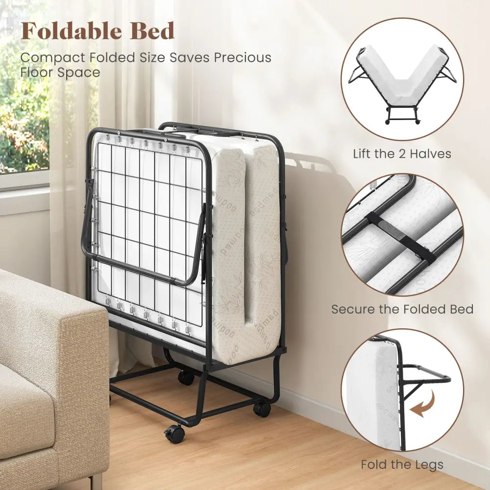 Cot Size Folding Bed Frame with Memory Foam Mattress and Metal Frame - Folding Beds