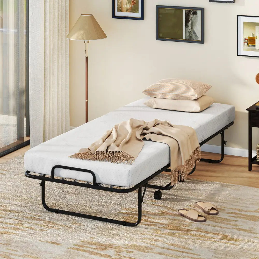 Cot Size Folding Bed Frame with Memory Foam Mattress and Metal Frame - Folding Beds