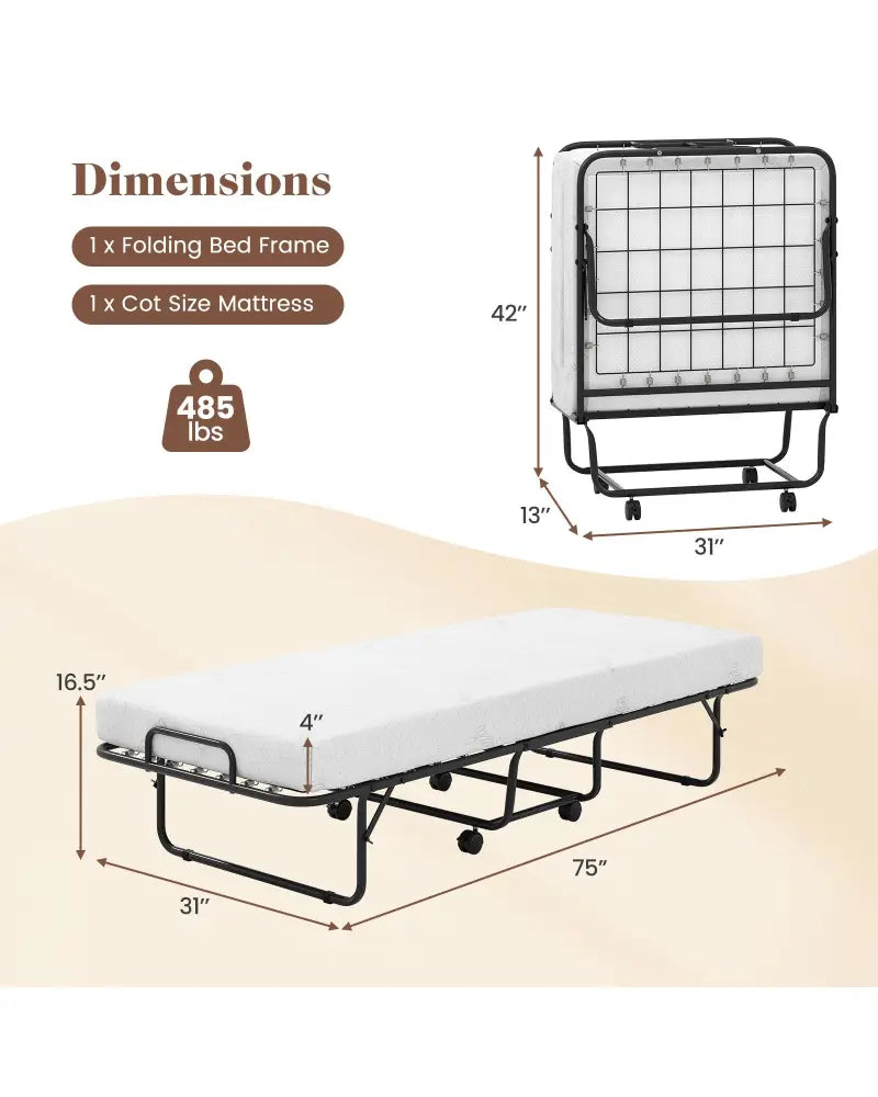 Cot Size Folding Bed Frame with Memory Foam Mattress and Metal Frame - Folding Beds