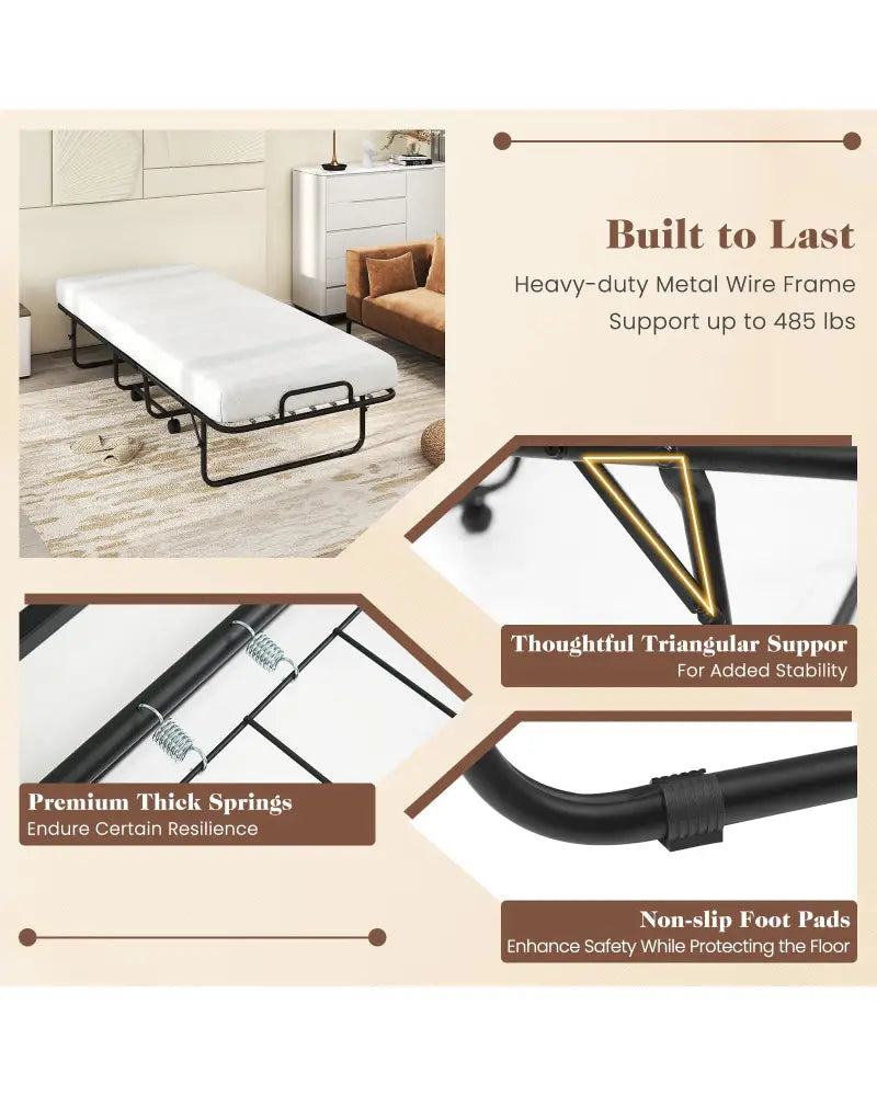 Cot Size Folding Bed Frame with Memory Foam Mattress and Metal Frame - Folding Beds