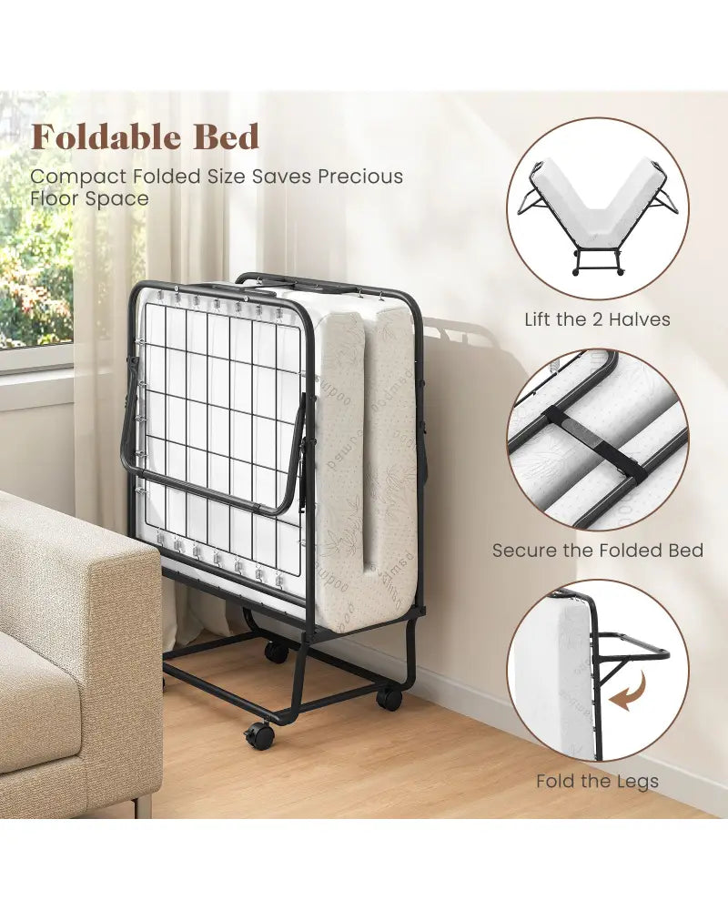 Cot Size Folding Bed Frame with Memory Foam Mattress and Metal Frame - Folding Beds
