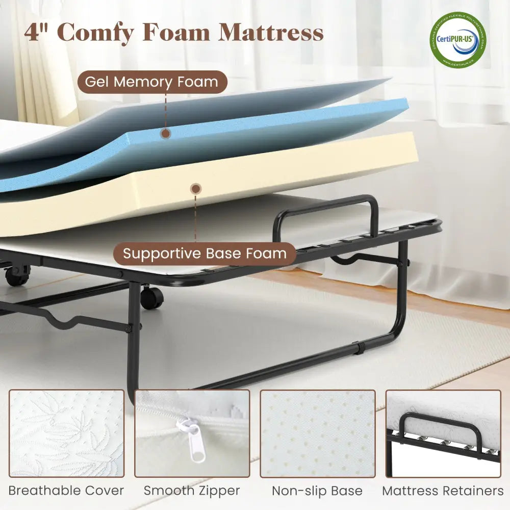 Cot Size Folding Bed Frame with Memory Foam Mattress and Metal Frame - Folding Beds