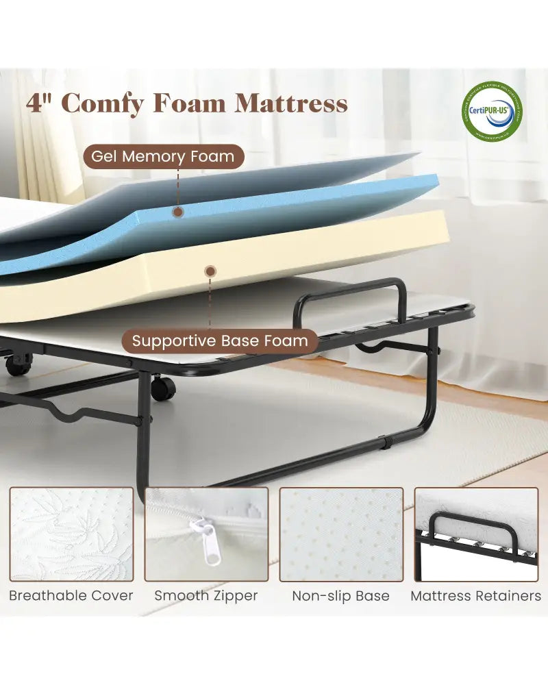Cot Size Folding Bed Frame with Memory Foam Mattress and Metal Frame - Folding Beds