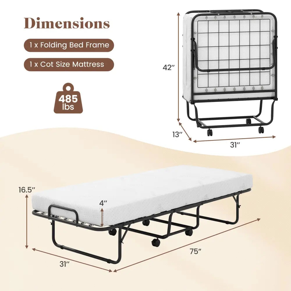 Cot Size Folding Bed Frame with Memory Foam Mattress and Metal Frame - Folding Beds