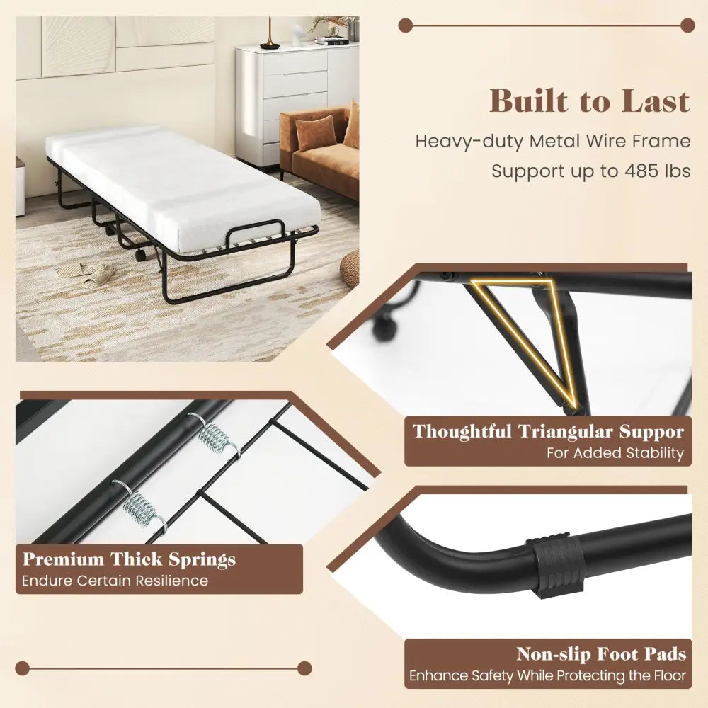 Cot Size Folding Bed Frame with Memory Foam Mattress and Metal Frame - Folding Beds