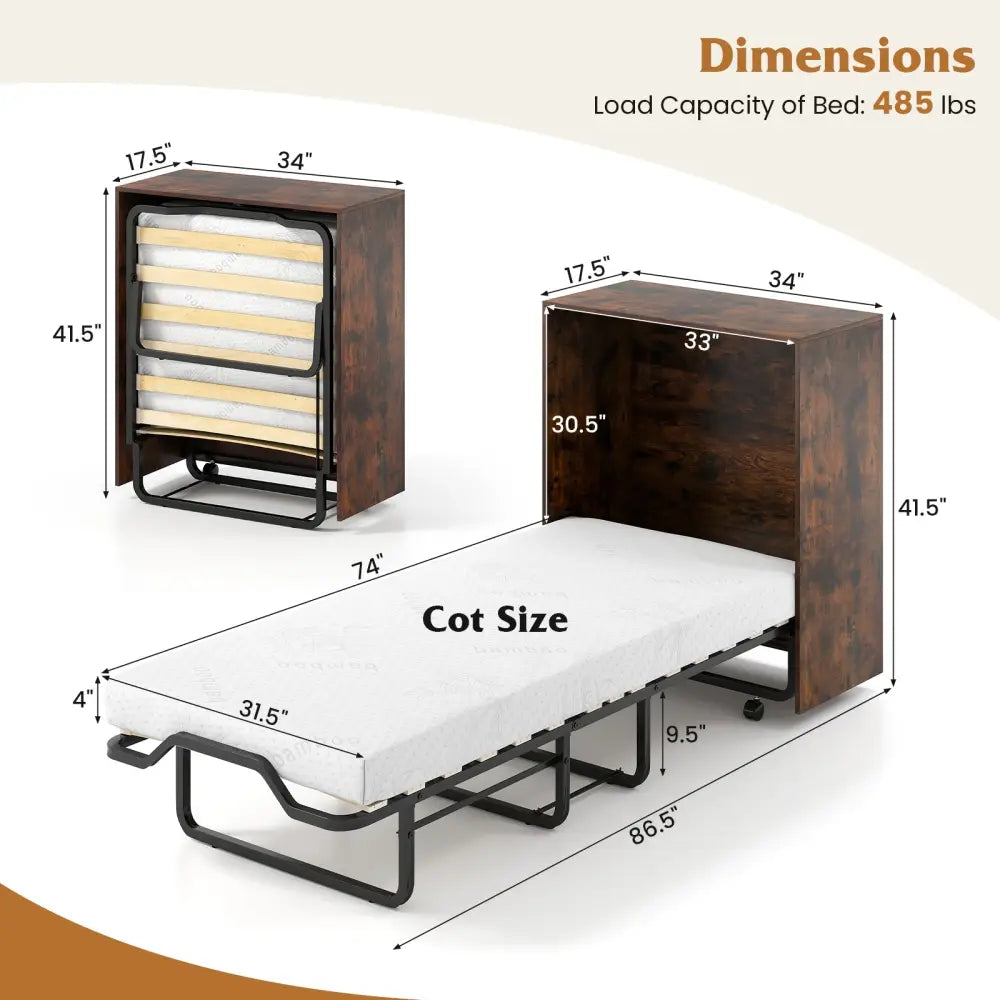 Cot Size Murphy Bed with Foldable Bed and Lockable Wheels-Rustic Brown - Rustic Brown - Folding Beds