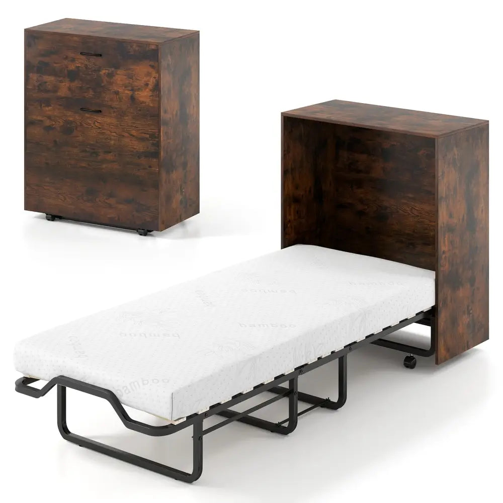Cot Size Murphy Bed with Foldable Bed and Lockable Wheels-Rustic Brown - Rustic Brown - Folding Beds