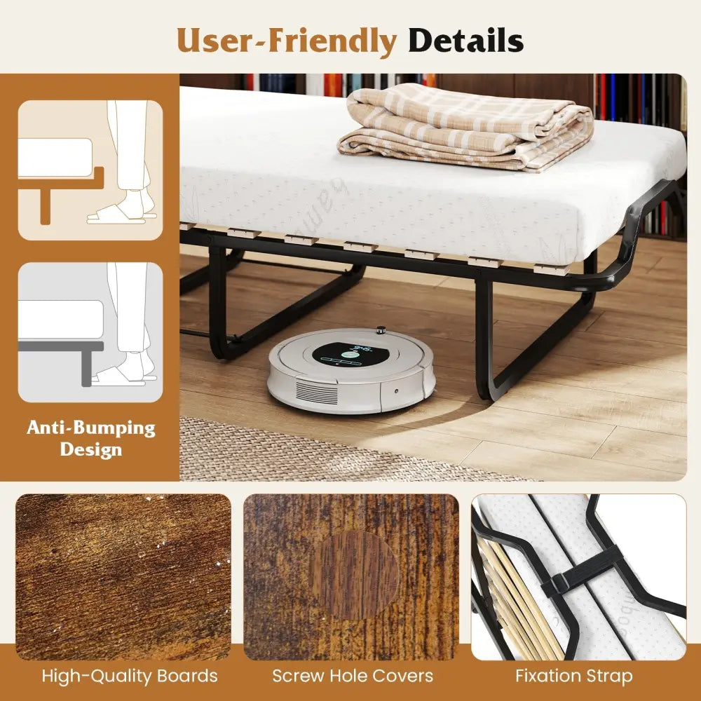 Cot Size Murphy Bed with Foldable Bed and Lockable Wheels-Rustic Brown - Rustic Brown - Folding Beds