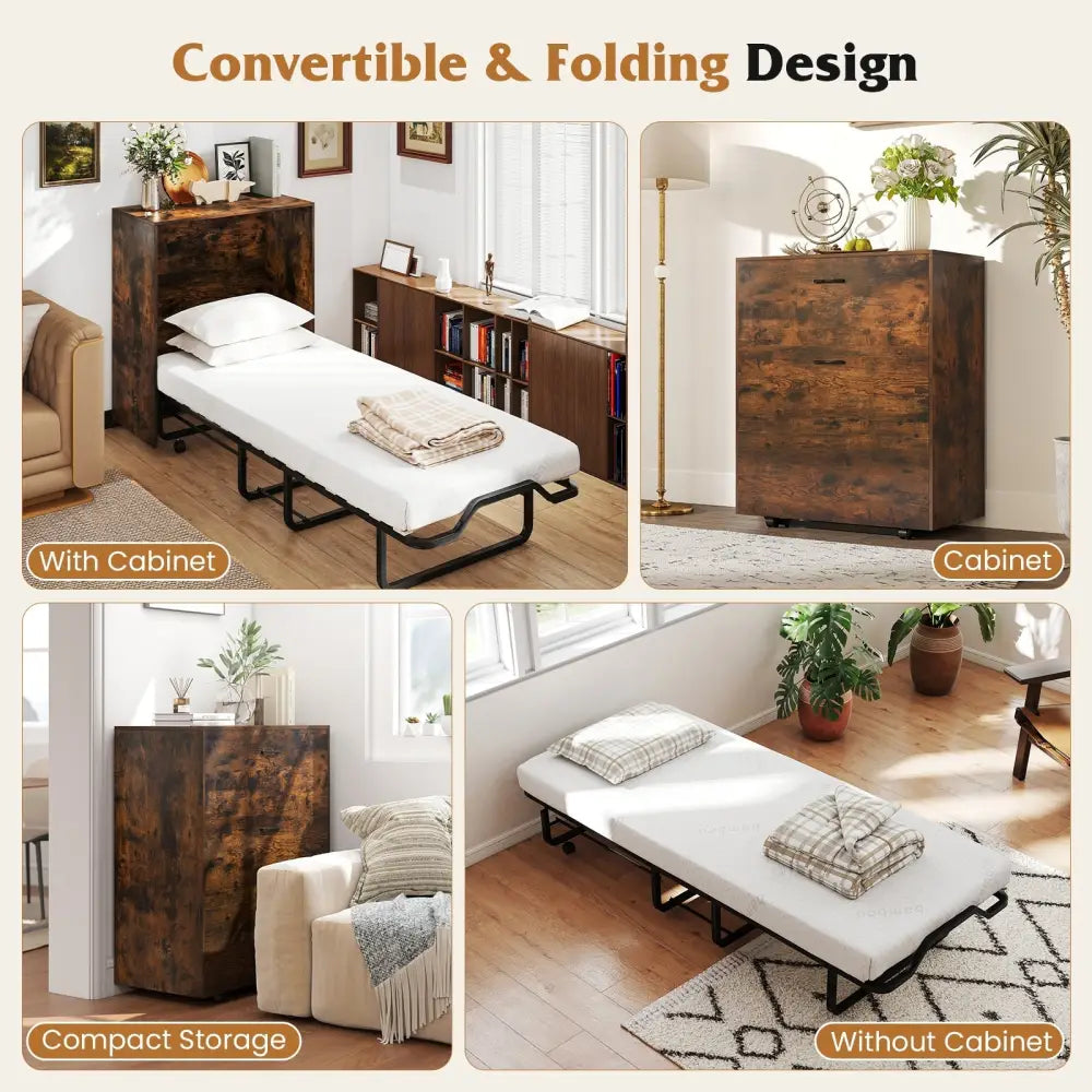 Cot Size Murphy Bed with Foldable Bed and Lockable Wheels-Rustic Brown - Rustic Brown - Folding Beds