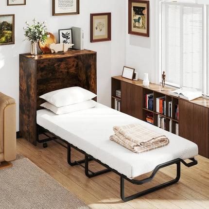 Cot Size Murphy Bed with Foldable Bed and Lockable Wheels-Rustic Brown - Rustic Brown - Folding Beds