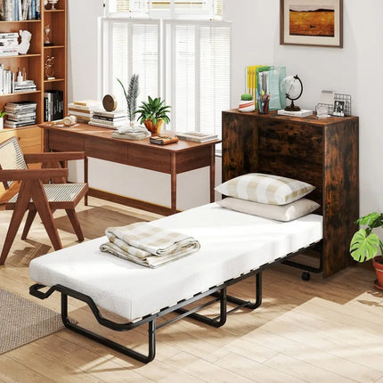 Cot Size Murphy Bed with Foldable Bed and Lockable Wheels-Rustic Brown - Rustic Brown - Folding Beds