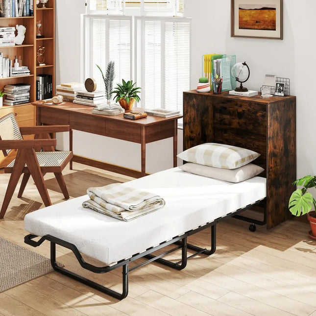 Cot Size Murphy Bed with Foldable Bed and Lockable Wheels-Rustic Brown - Rustic Brown - Folding Beds