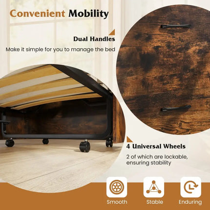 Cot Size Murphy Bed with Foldable Bed and Lockable Wheels-Rustic Brown - Rustic Brown - Folding Beds