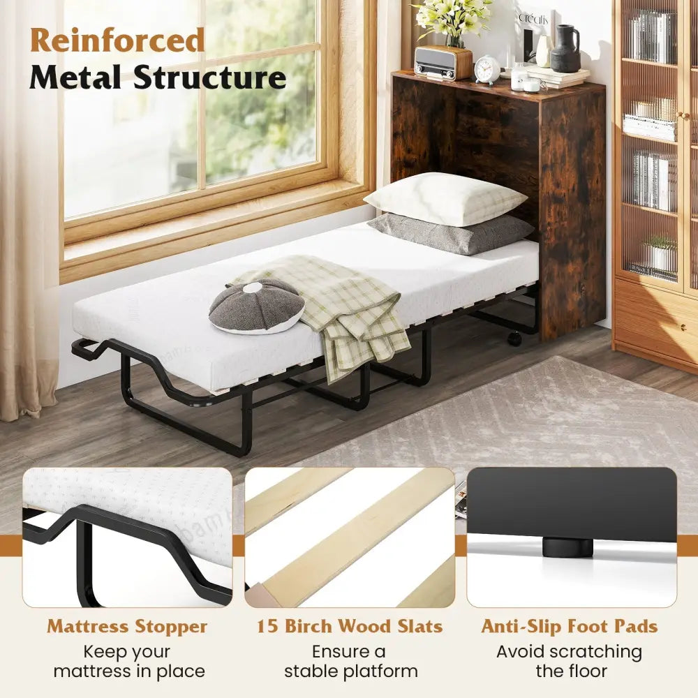 Cot Size Murphy Bed with Foldable Bed and Lockable Wheels-Rustic Brown - Rustic Brown - Folding Beds